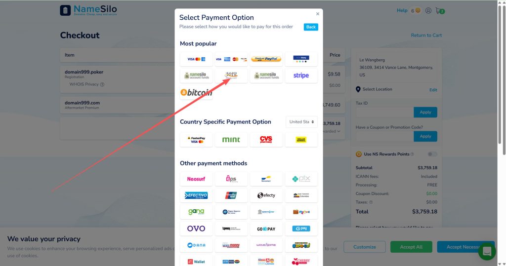 namesilo支付宝支付